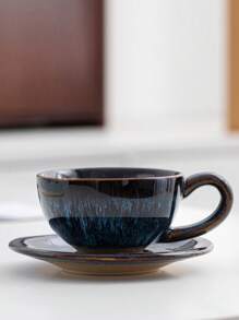 1pc 170ml Ceramic Coffee Cup & Saucer Set, Reactive Glaze Creative European Style Coffee Mug, Vintage Latte, Espresso, Breakfast Cup Back To School