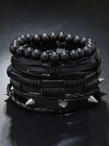 4Pcs/Set Volcanic Stone Wood Beads Multi-Layer Men's Bracelet Combination Set Elastic Bracelet