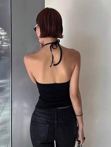 Top de tirantes finos ajustado y sin espalda, top de ajuste ceñido para capas, otoño/invierno - Negro - Ver 2