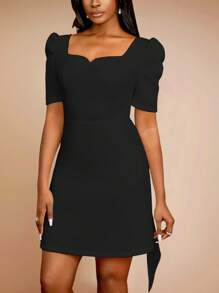 Vestido de línea A sin espalda con lazo en la espalda, elegante y elegante para bodas, fiestas, baby shower, graduación y novia. Vestido de fiesta de mini longitud con cuello cuadrado y mangas abullonadas.