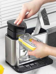 1PC Kitchen Sink Soap Dispenser Kitchen Sink Three-In-One Sponge Rack Stainless Steel Kitchen Sink Organizer Tray Drain Rack Desktop Stainless Steel Tableware Detergent Cleaning Brush Kitchen Dishwashing Rack Storage Rack - Silver - View 3