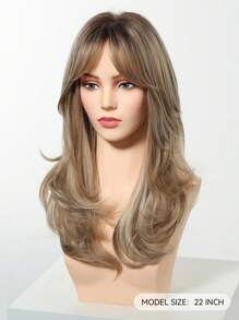 Parrucca lunga da 22 pollici con onde e frangia, colore castano sfumato con riflessi biondi, adatta per donna, resistente al calore, parrucca sintetica per uso quotidiano, feste e cosplay