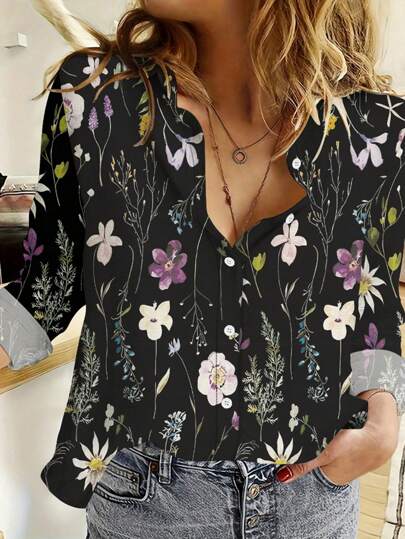 New European Style Floral Print Lapel Casual Loose Comfortable Long Sleeve Women Blouse, Spring Autumn