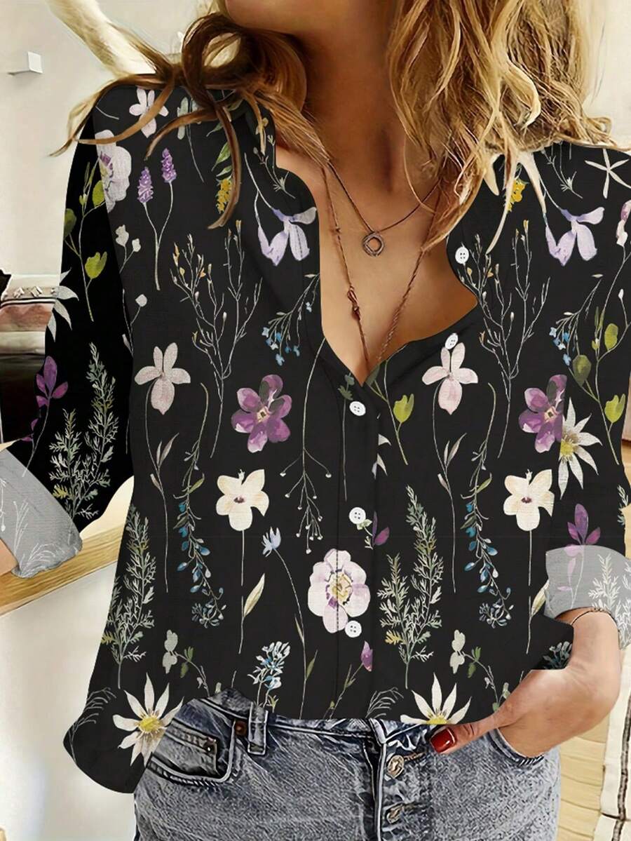 New European Style Floral Print Lapel Casual Loose Comfortable Long Sleeve Women Blouse, Spring Autumn