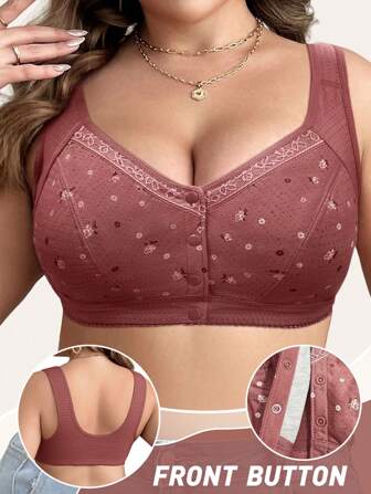 Plus Size Women's Printed Front Button Seamless Wireless Bra, Prevent Sagging & Side Bulge, Casual Undergarment