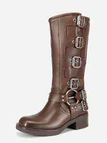 Women's Knee-High Boots, Comfortable Chunky Block Heel Pointed Toe Pull On Side Zipper Suede Slouch Riding Boots - Khaki - View 3