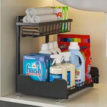 Organizador de 2 niveles para debajo del fregadero, organizador desplegable extraíble para gabinete, organizador de debajo del fregadero anti-óxido, organizador y almacenamiento de gran capacidad con cajones deslizantes para debajo del fregadero, organizador y almacenamiento para baño, bandeja de almacenamiento deslizante para botellas de condimentos y especias, cajones deslizantes para organizar gabinetes de cocina y baño