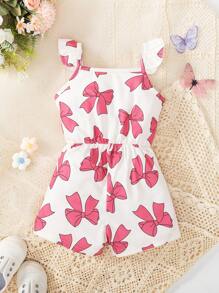 Mono de tirantes con volantes y estampado de moños para bebés niñas, diseño lindo y fresco para primavera/verano - Rosa - Ver 2