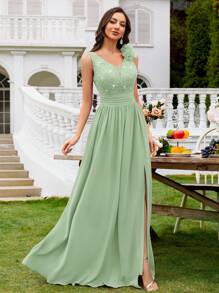 MIUSOL Sequin Floral Lace Sweetheart Neck Sleeveless Ruffle Chiffon Slit Maxi Formal Party Dress, Formal Evening Gown, Suitable For Wedding Guest, Graduation Ceremony, Gala And Other Occasions