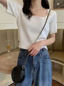 女士夏季时尚白色针织上衣，紧身短袖 - 白色 - 查看 4