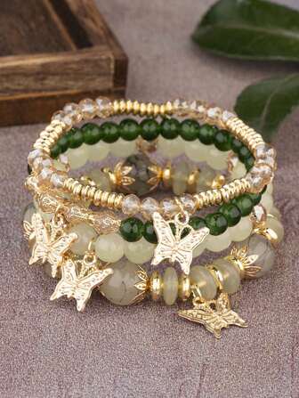 4 件套东方风格蝴蝶吊坠多层串珠手链女士