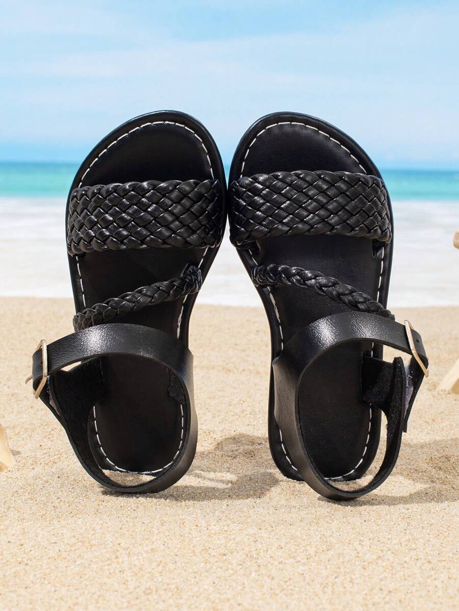 Summer Kids Woven Strap Sandals, Casual & Fashionable, Boys & Girls Flat Beach Shoes Suitable For Daily, Holiday And Travel - Black - View 1