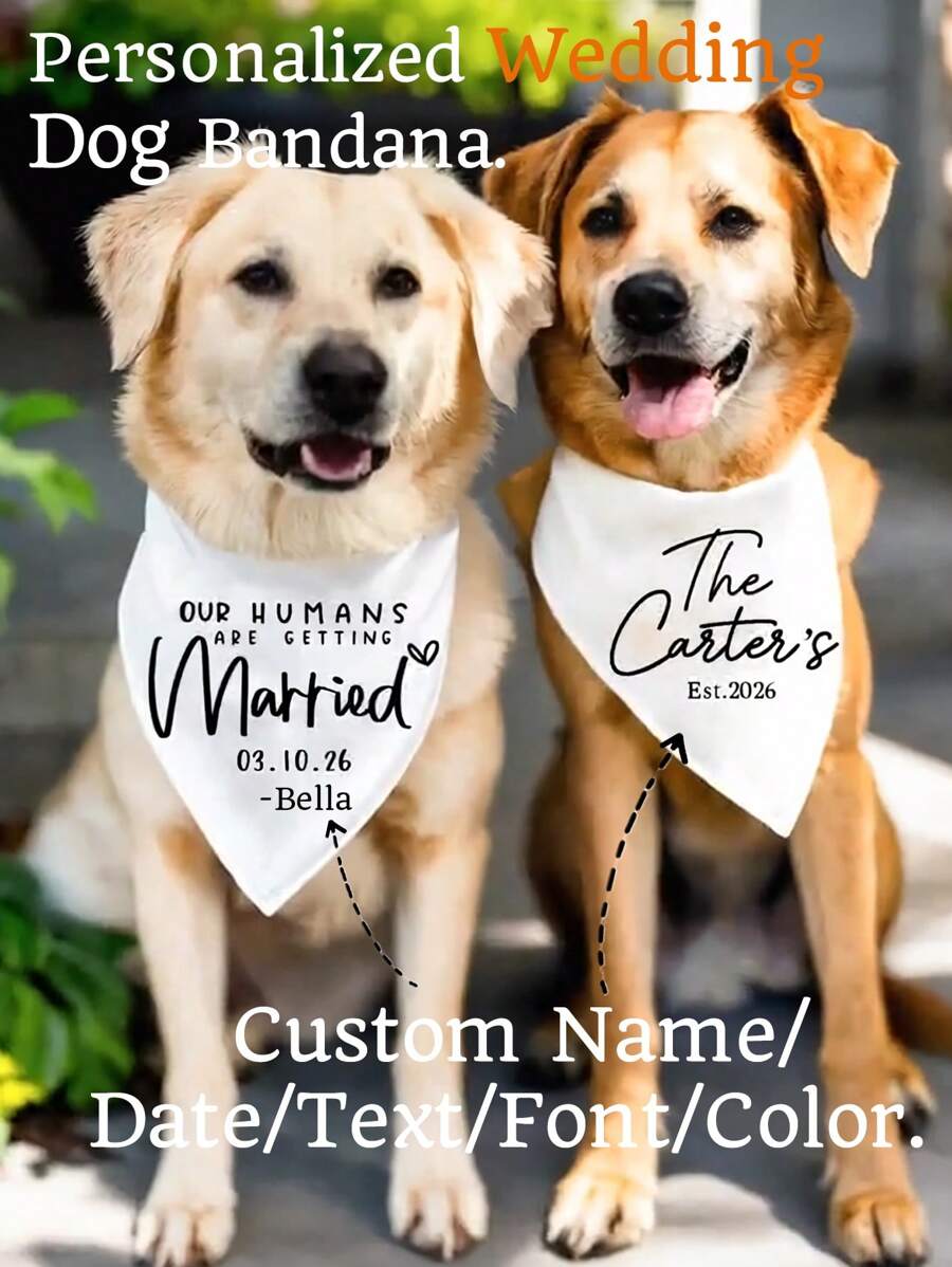 个性化婚礼狗狗头巾，可定制姓名/文字/日期。“我的主人要结婚了”狗狗头巾、订婚头巾、订婚公告狗狗头巾、婚礼狗狗头巾、“她说愿意”狗狗头巾套装，适合婚礼订婚照道具、新娘送礼、狗狗婚礼服饰、送给狗主人的理想礼物、圣诞礼物，印花图案
