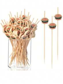 100/50pcs Hamburger Pattern Bamboo Toothpicks, Cocktail Picks, Appetizer Picks, 4.7 Inch Bamboo Cocktail Picks, Fruit Picks, Elegant Breakfast Sandwich, Hamburger, Fruit & Party Event Toothpicks, Suitable For Hamburger, Fruit, Breakfast Sandwich, Party & Events, Charcoal Grill Accessories, Long Bamboo Toothpicks, 2025 Graduation Decor - Multicolor - View 9