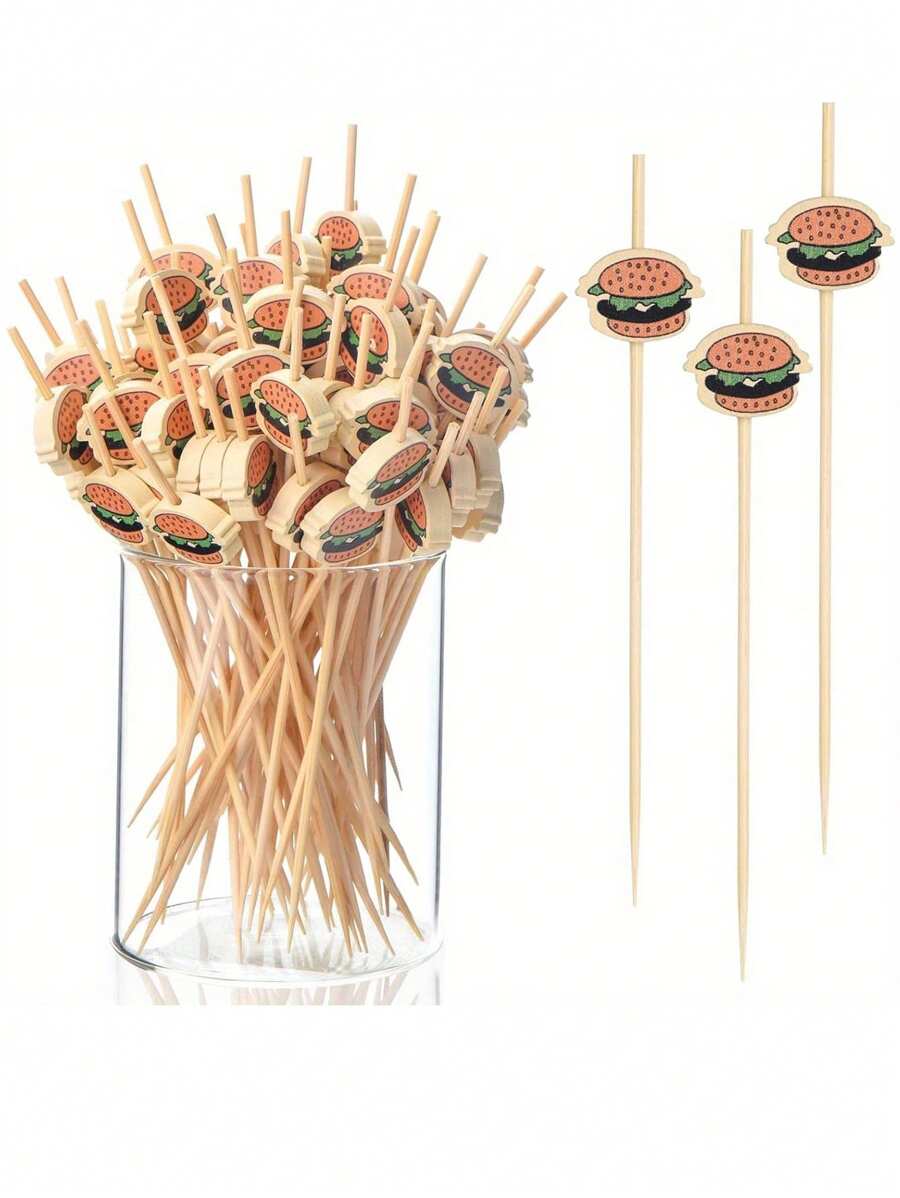 Hamburger Pattern Bamboo Toothpicks, Hamburger Cocktail Picks, Exquisite Toothpicks, Suitable For Appetizers, Fruit Skewers, Breakfast Sandwiches, Hamburgers, Fruits And Party Events, BBQ Accessories