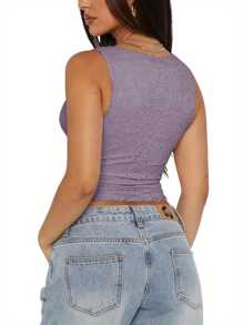 Women Y2K Crop Tops Solid Color Lace Trim Deep V Neck Slim Fit Backless Sleeveless Going Out Tank Tops Streetwear - 紫色 - 查看 2