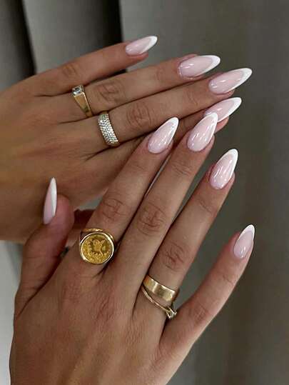 24 Stück mittelgroße Mandel-Aufklebe-Nägel, französischer Farbverlauf, falsches Nagel-Set mit Patchwork-Farbdesign, elegant glänzend, volle Abdeckung, geeignet für Frauen, Mädchen, Arbeitsplatz, soziale Anlässe oder täglichen Gebrauch, Nagelbedarf