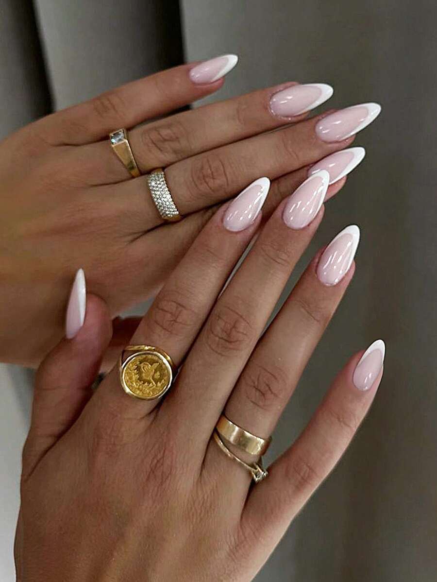 24pcs Medium Almond Shaped French Ombre False Nails Set, Patchwork Color Art Design, Elegant Glossy, Full Coverage, Suitable For Women & Girls To Wear In Workplace, Social Events Or Daily Life - Multicolor - View 1