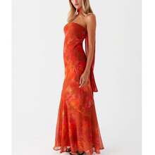 Womens Floral Strapless Dress Y2k Backless Sleeveless Tube Maxi Long Dresses Sexy Mesh Bodycon Summer Beachwear - Coral - 查看 5