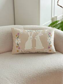 1 pièce Housse de coussin décoratif en tissu polaire avec broderie de lapin et fleurs, convient pour le salon, la chambre, les fêtes, la décoration de la maison - Beige - Voir 17