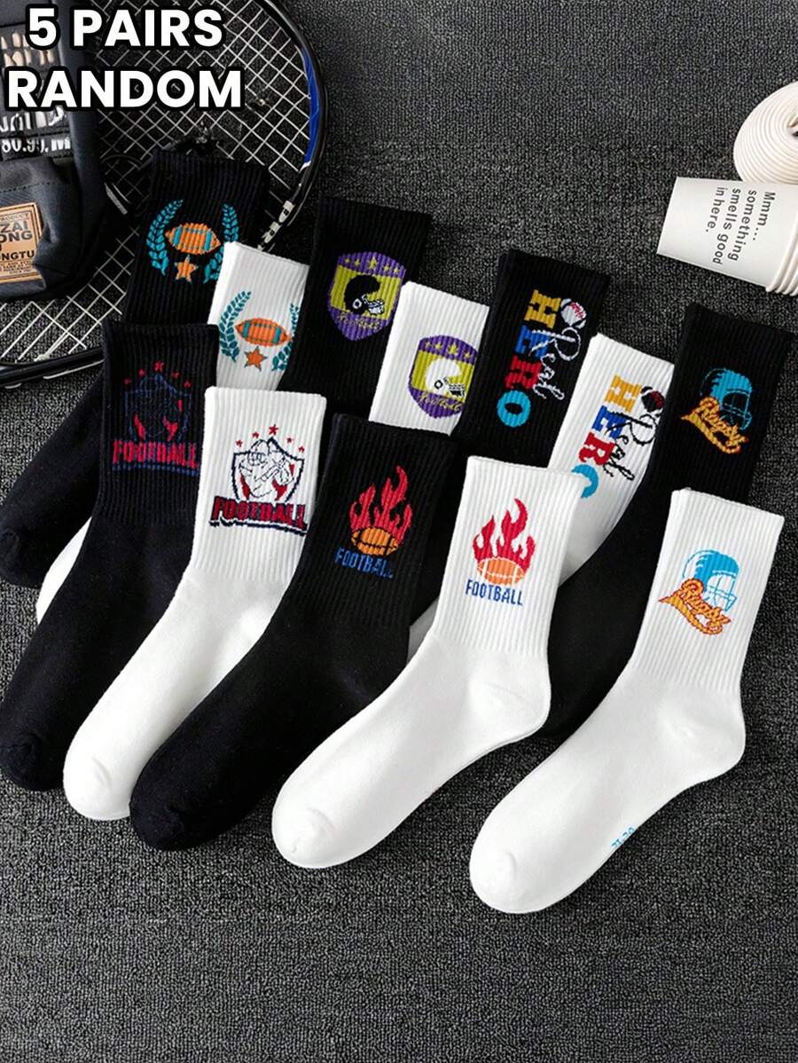 5 Pairs Of Black And White Street Personalized Pattern Mid-Tube Socks Fashion Printed Socks - Multicolor - View 1