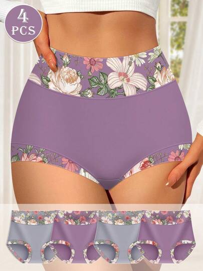 MEIYATING 4 件套女士高腰内裤套装，舒适贴身收腹花卉印花三角裤，夏季薄款