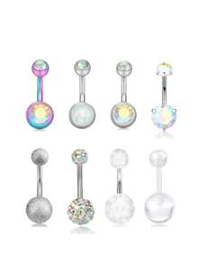 8个14G肚脐环，带锆石吊坠，人体穿刺饰品 - 彩色 - 查看 8