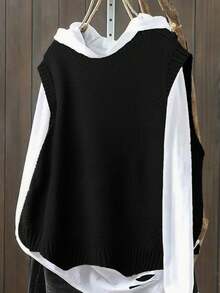 Plus Size Casual Solid Color Crew Neck Knit Sweater Vest - Black - View 3