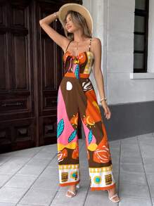 Femmes Été Mode Sexy Combinaison à Bretelles Spaghetti avec Nœud à l'avant Imprimé Floral, Pantalon Jambe Large Convient pour Vacances Loisirs, Déplacements Quotidiens, Plage Voyage - orange - Voir 3
