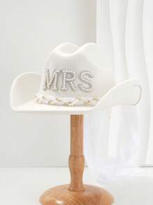 1顶女士纯白色牛仔帽，配有独特的珍珠和水钻面纱，新娘字母装饰，新奇朋克风宽檐新娘面纱帽，单身派对帽，2025婚礼必备 - 白色 - 查看 11