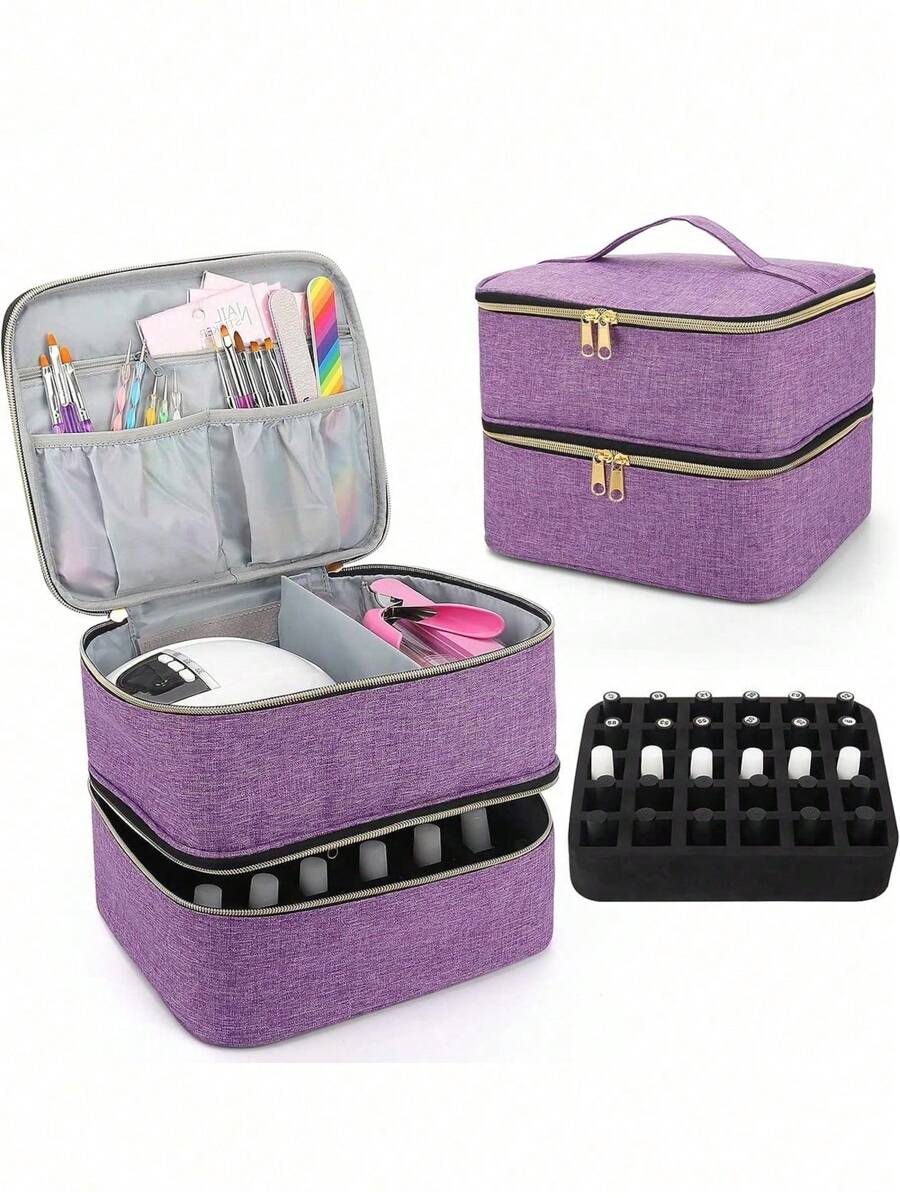 Nail Polish Organizer Handheld Double Layer Cosmetic Organizer Tote Bag For Girls And Women Nail Art, Essential Oil, Cosmetic Set Daily Travel Use Holiday Essentials Holiday Travel Essentials Travel Bag Travel Accessories Graduation - Purple - View 1