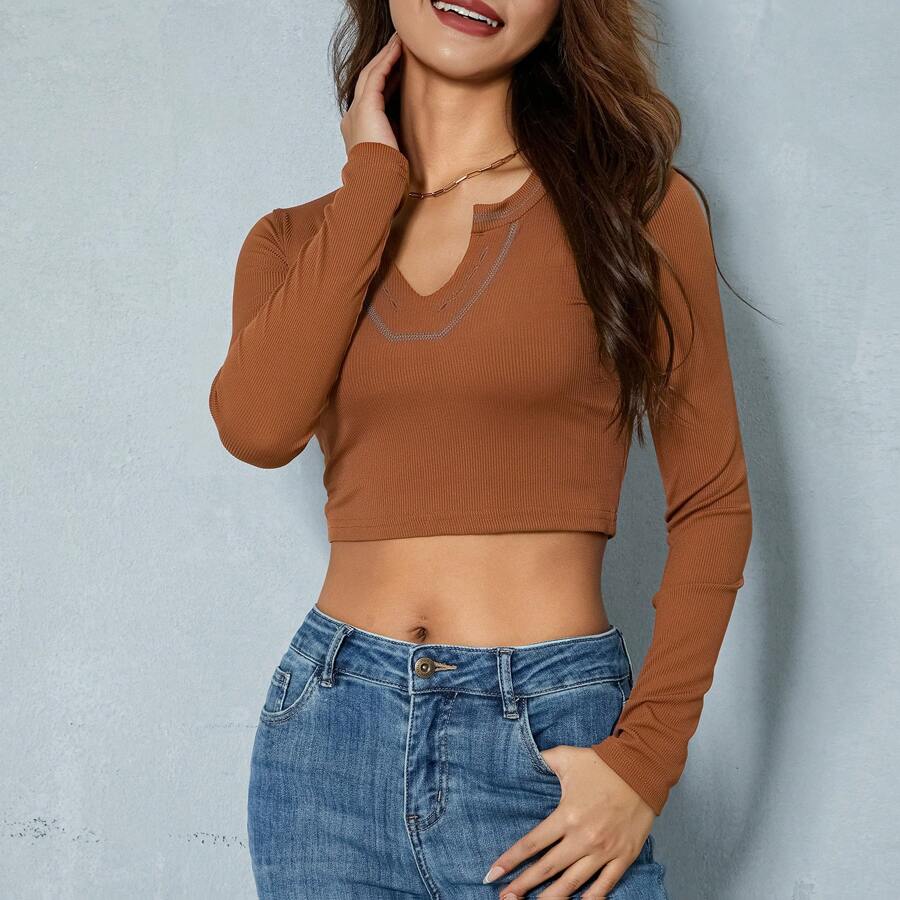 Women Long Sleeve Crop Top Casual Front Button V Neck Ribbed Knitted Slim Fit Fairy Grunge Shirts