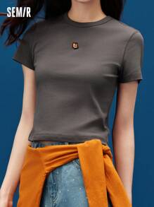 SEMIR Short Sleeve T-Shirt Women's Slim Fit Light Summer 2025 New Embroidered Sweatshirt Cute - Grey - View 2