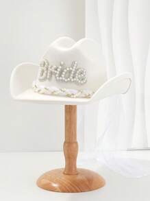 1顶女士纯白色牛仔帽，配有独特的珍珠和水钻面纱，新娘字母装饰，新奇朋克风宽檐新娘面纱帽，单身派对帽，2025婚礼必备 - 白色 - 查看 17