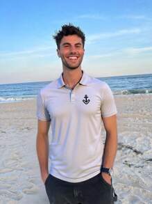 Casual Simple Men's Solid Color Anchor Pattern Slim Fit Polo Shirt - Light Grey - View 3