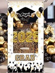 1 pieza Marco de fotos de vinilo de temporada de graduación, fondo negro y dorado para fiesta de graduación, decoración de fondo, decoraciones de graduación 2025, pancarta de marco de fotos, marco decorativo para fiesta de baile de graduación y celebración, accesorios para photobooth - temporada de graduacion - Ver 9