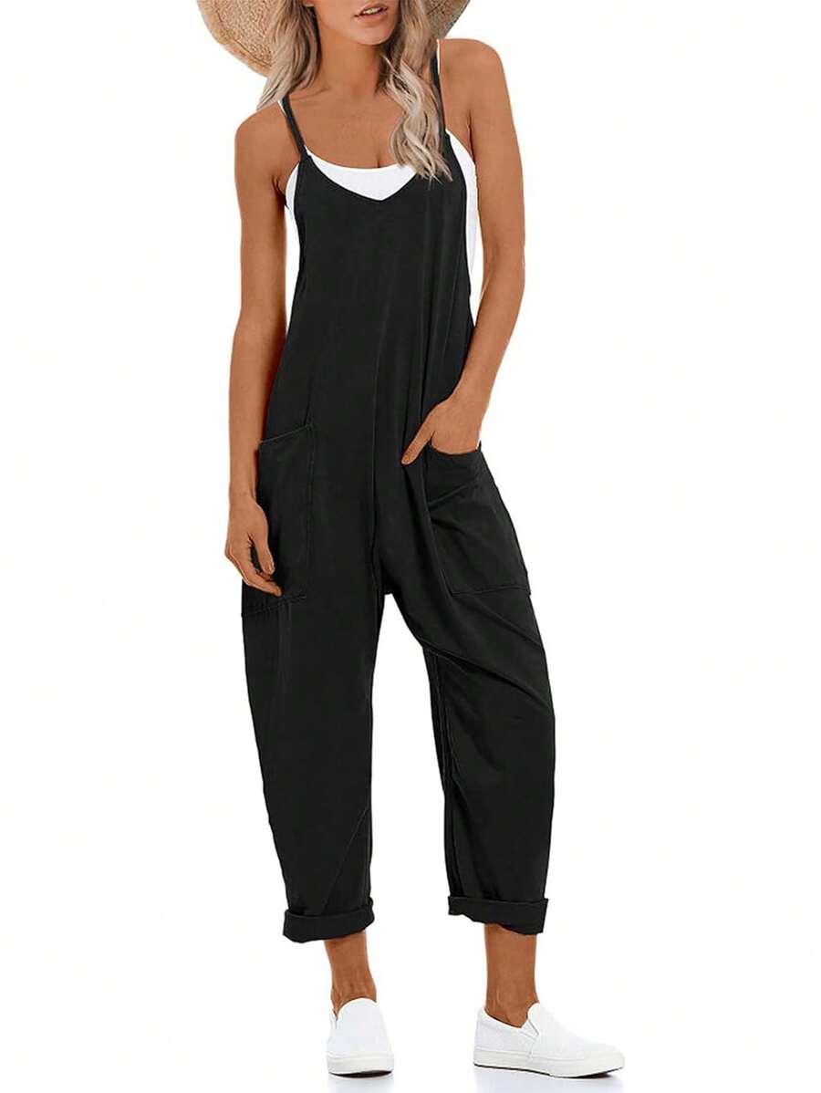 Women's Causal Jumpsuits V Neck Sleeveless Harem Overalls Stretchy Adjustable Strap Romper With Pockets - Black - View 1