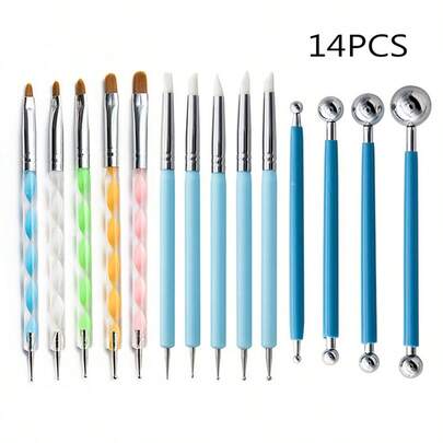 14pcs Ceramic Art Tools Set, Including Polymer Clay, Nail Art Silicone Dotting Pen, Painting Brush, Steel Ball Stick