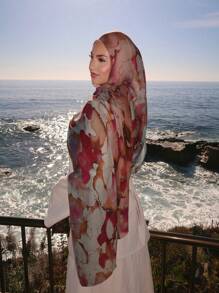 1条新款热销水彩印花围巾，优雅渐变大理石纹水彩印花，柔软材质，多功能围巾/披肩，适合日常/节日/派对，可作睡袍配饰 - 暗紫色 - 查看 4