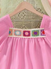 Vihyde Tween Girls Hollow-Out Ribbon Collar Ruffle Trim Casual Short Sleeve Top & Shorts Set, Holiday Suit - Coral Pink - View 3