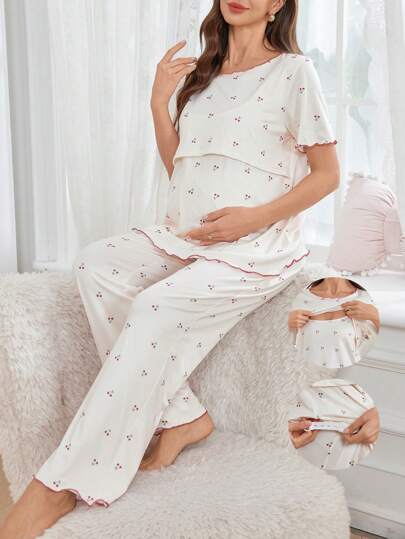 2pcs Soft & Comfortable Pregnant/Nursing Outfit Set, Floral Print Short Sleeve Top And Wavy Hem Long Pants Homewear