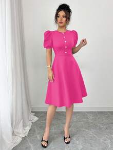 Women's Casual Solid Color Button Lantern Sleeve Short Dress Elegant Summer - Hot Pink - View 6