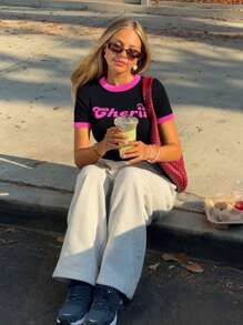 Spring/Summer American Casual Black Short Sleeve Design Letter Color Block T-Shirt Hot Girl Stretch Slim Short For Daily, Street, Commuting, Home And Other Occasions To Wear Women Knit Tops