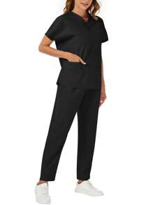 Plus Size Women's V-Neck Double Pockets Top With Elastic Waist Pants Uniform Set Scrub Set - Black - View 4