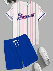 2pcs/Set New Men Mixed Color Stripe & Letter Print 3D T-Shirt And Shorts, Comfortable Fit, Suitable For Summer Outdoor Sports And Casual Wear