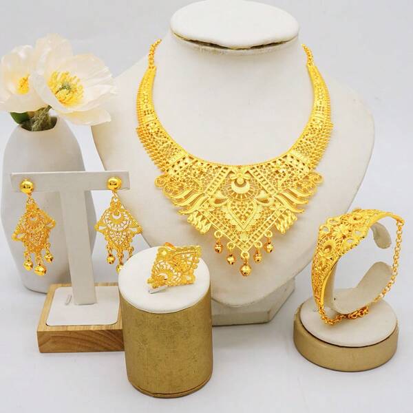 Conjunto de Joias Dourado 24K Escavado Oco, Colar com Pingente de Sino, Dubai