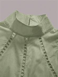 女式高领无袖宽松蕾丝花边衬衫 - 綠色 - 查看 4