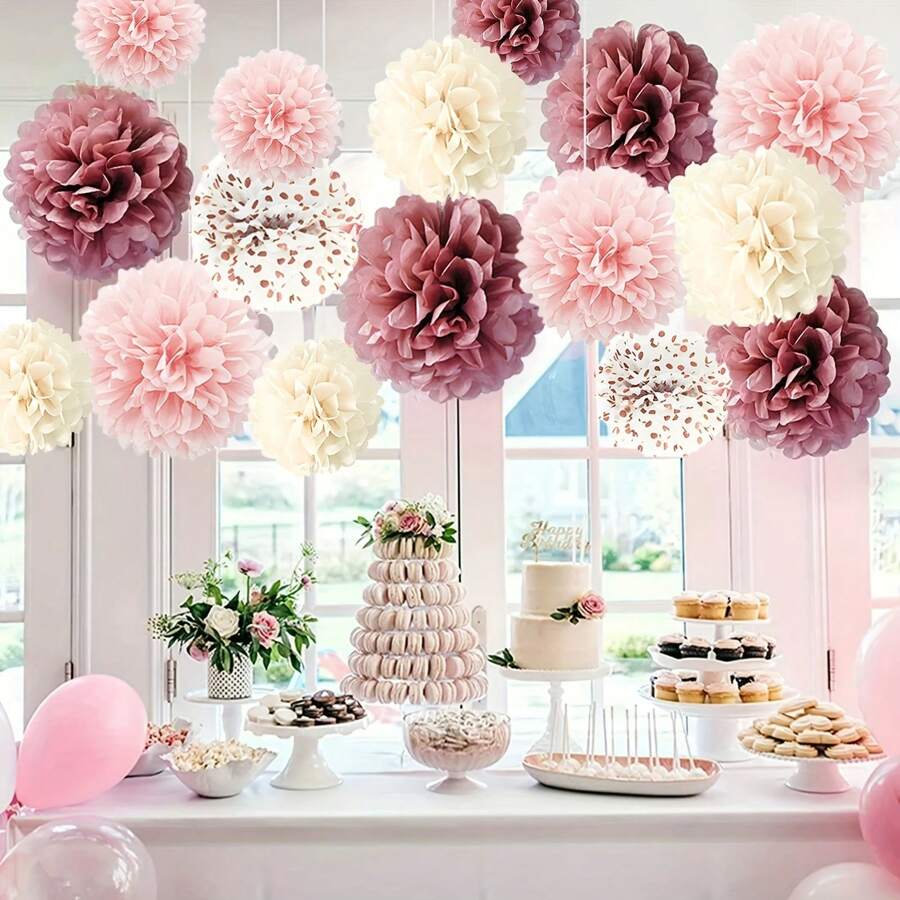 16pcs Paper Dusty Rose Pink Tissue Pom Poms Flowers For Bridal Shower, Birthday, Engagement, Bachelorettes, Valentine Decorations, Pink Party Decorations