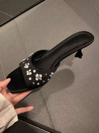 Square Toe Flower Petal Rhinestone Satin Slide Sandals For Women, Summer High Heels