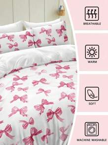 2/3 pièces Set de couette imprimé numérique polyester à motif nœud rose, style princesse mignon pour filles, pour utilisation toutes saisons dans la chambre. Fermeture éclair, lavage machine (1 couette + 1/2 taies d'oreiller)